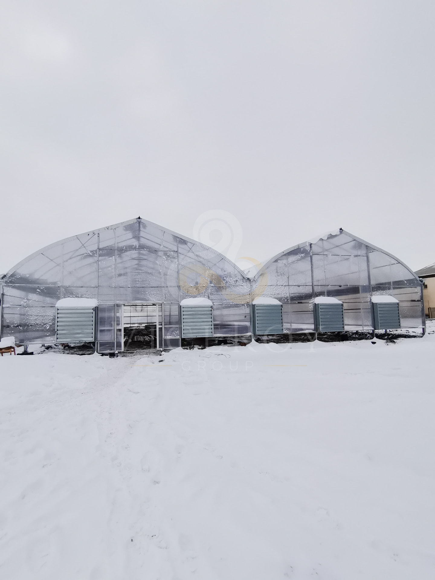 Front view of the twin polycarbonate greenhouses in winter