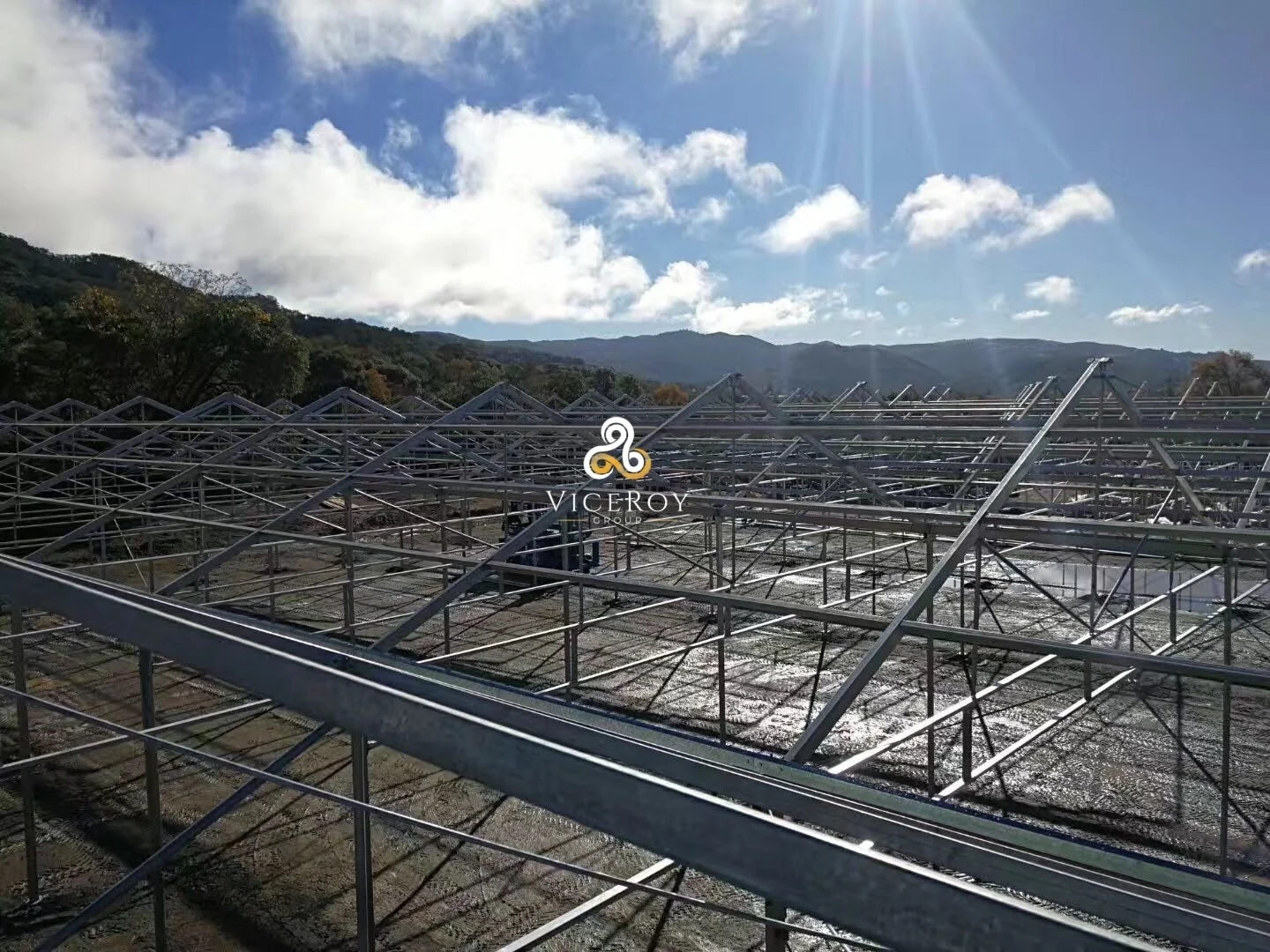 Elevated view across the greenhouse steel framework during construction in Australia, with hills behind the site
