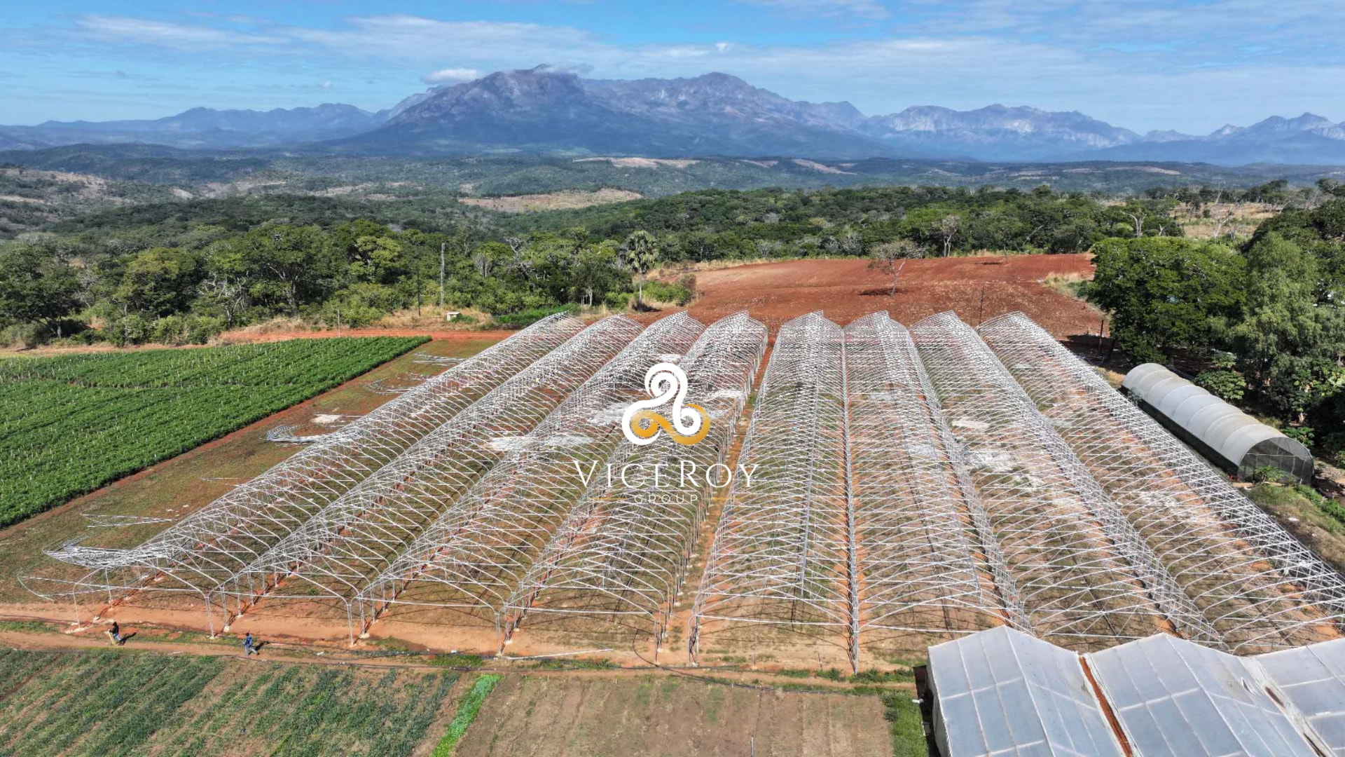 Aerial view of the 10,000 m² sawtooth greenhouse framework in Mozambique, set against surrounding farmland and mountains