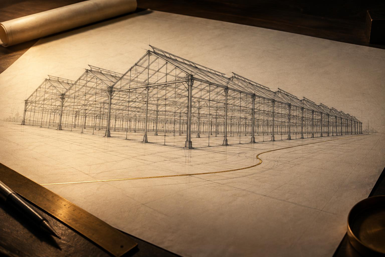 Conceptual greenhouse architectural study with structure and warm drafting detail